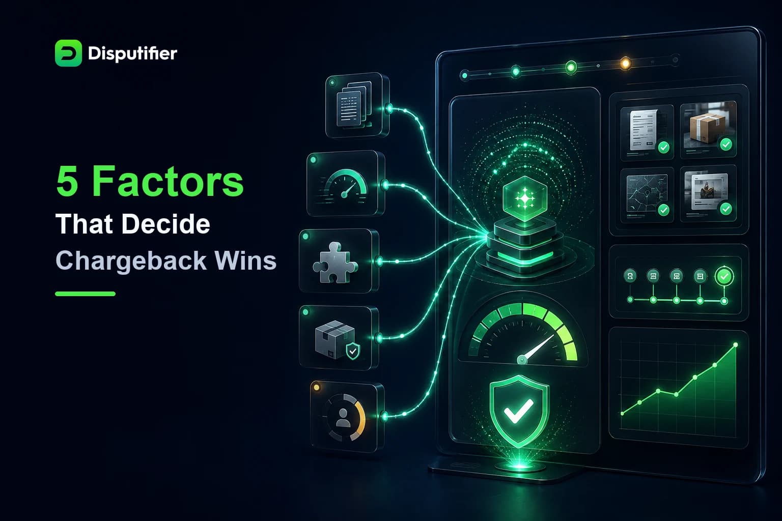 Disputifier dashboard showing five factors that influence merchant chargeback dispute win rates.