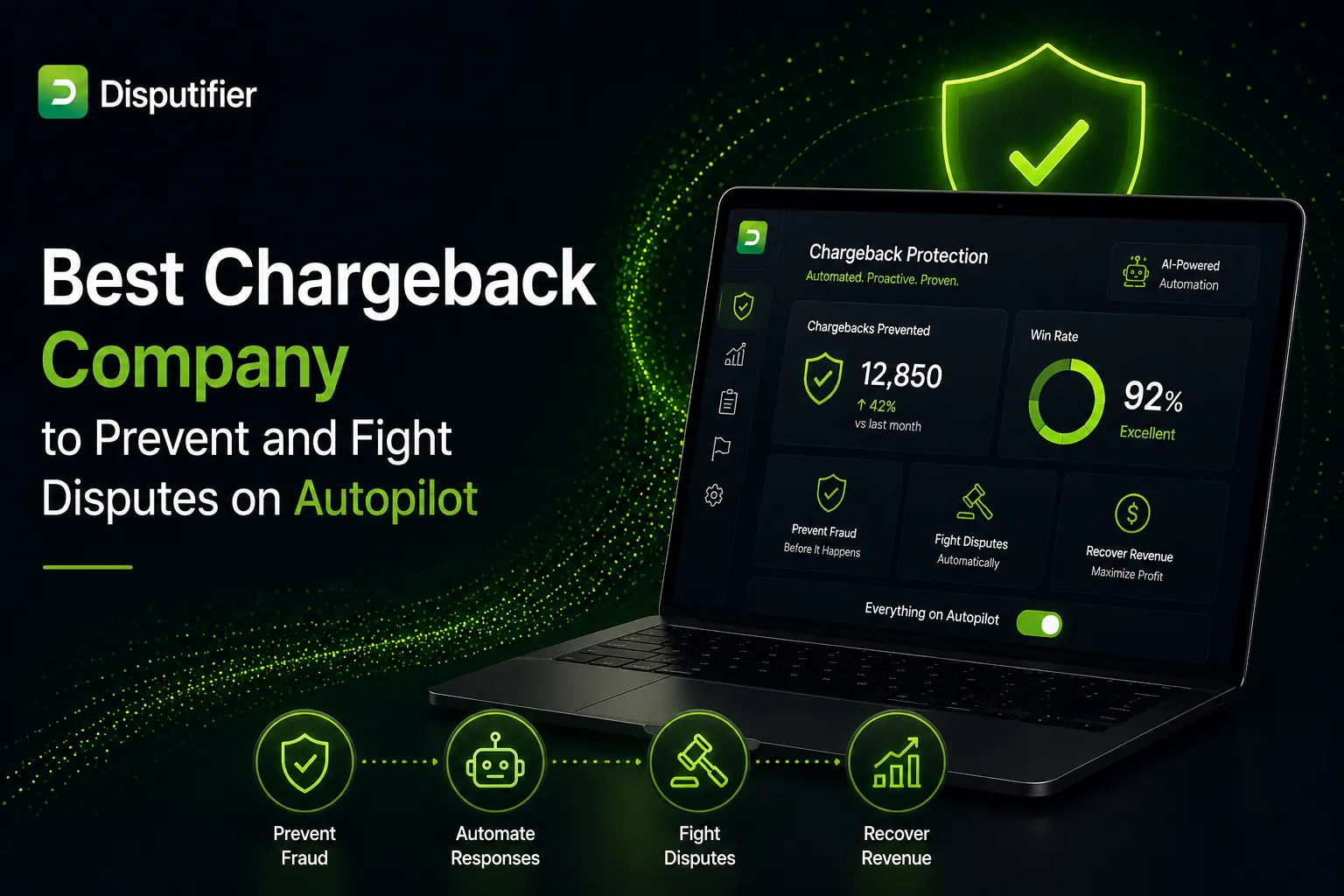 Disputifier chargeback automation dashboard illustrating AI-powered chargeback prevention, automated dispute management, fraud protection, and revenue recovery for ecommerce merchants.