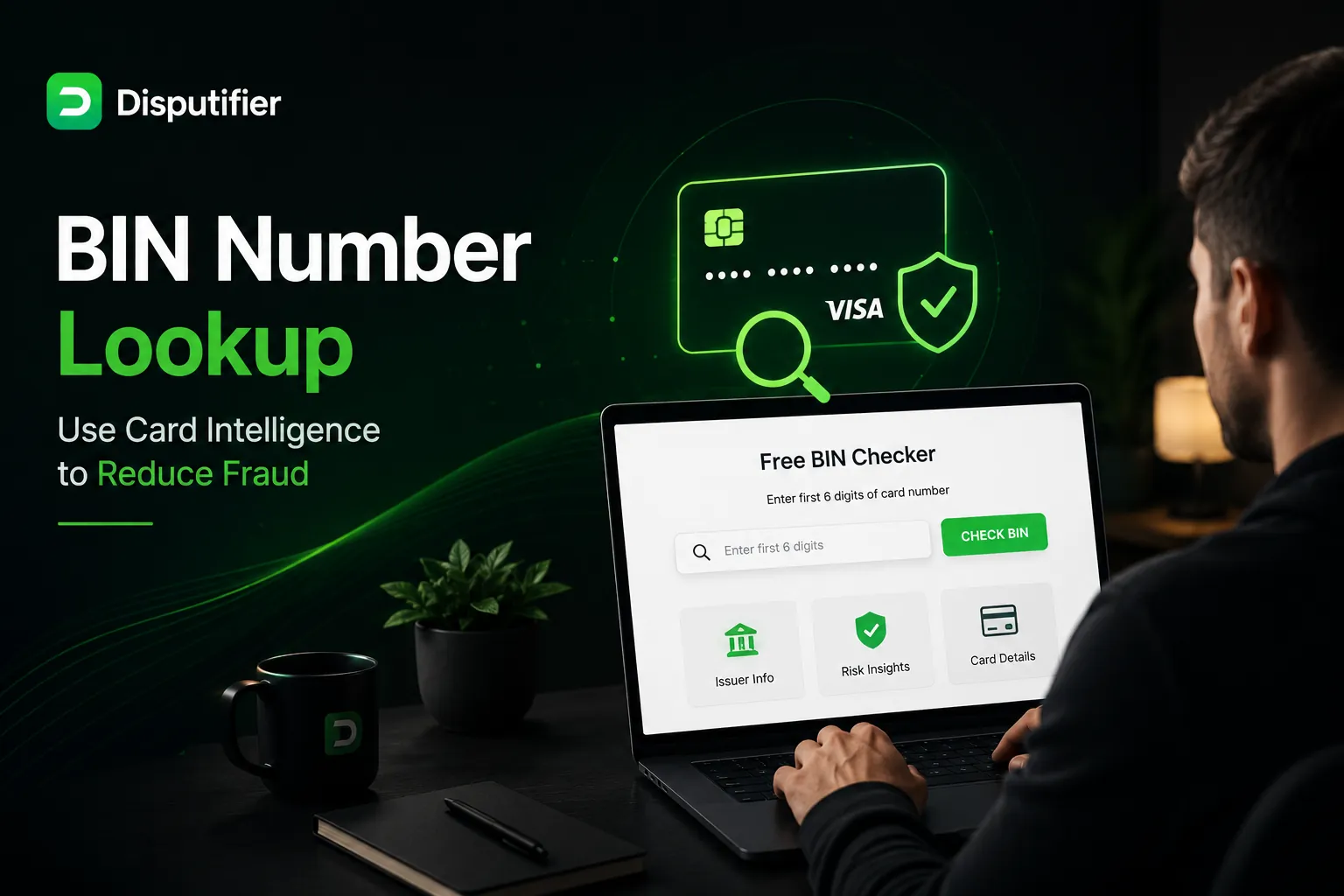 Merchant using Disputifier’s BIN number lookup tool to analyze card intelligence, identify issuer information, assess fraud risk, and prevent ecommerce fraud and chargebacks.
