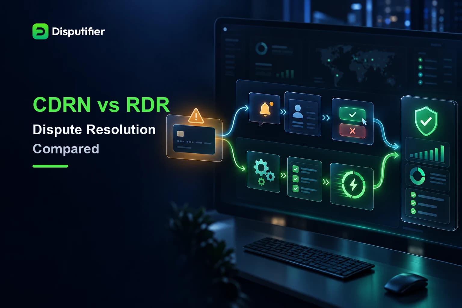 Disputifier comparison of CDRN’s alert-driven merchant response and RDR’s automated rules-based dispute resolution workflow.