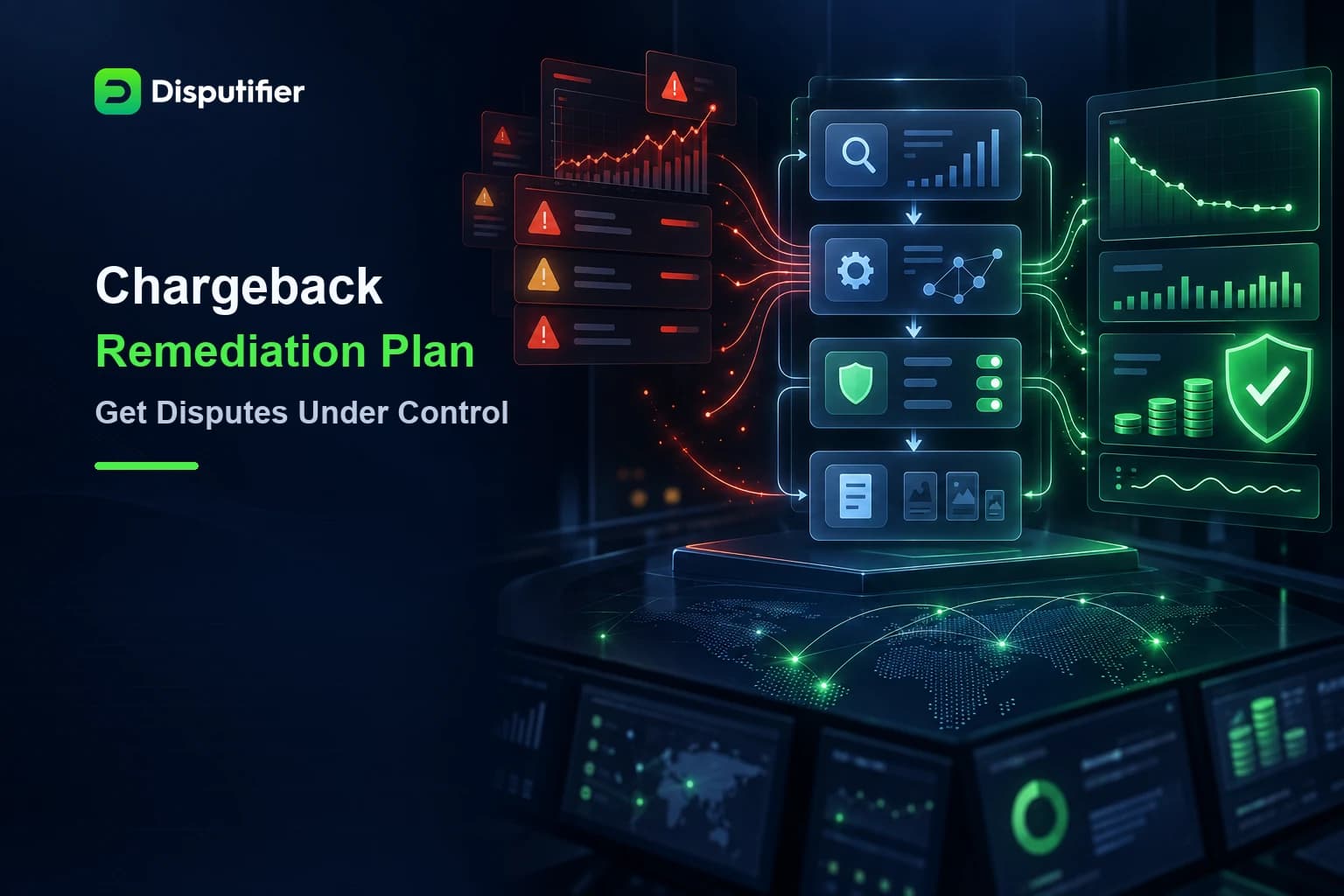 Disputifier chargeback remediation workflow transforming uncontrolled dispute alerts into lower risk, stable monitoring, and protected revenue.