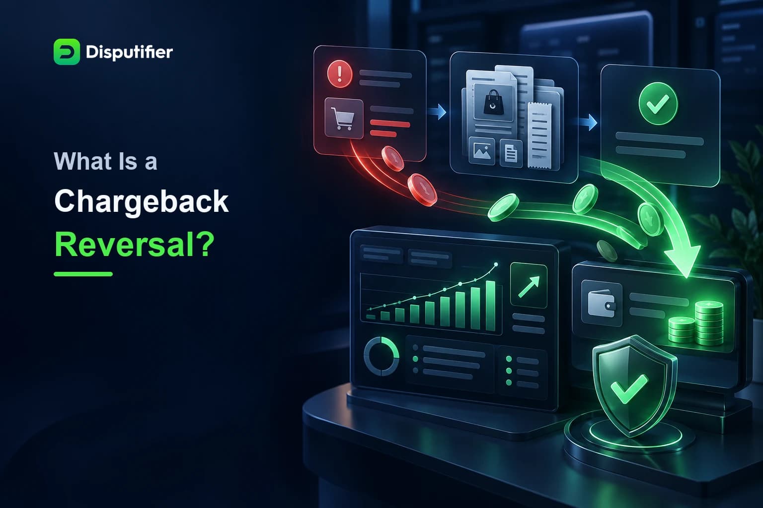 Disputifier chargeback reversal workflow showing a disputed payment overturned and funds returned to the merchant after successful evidence review.