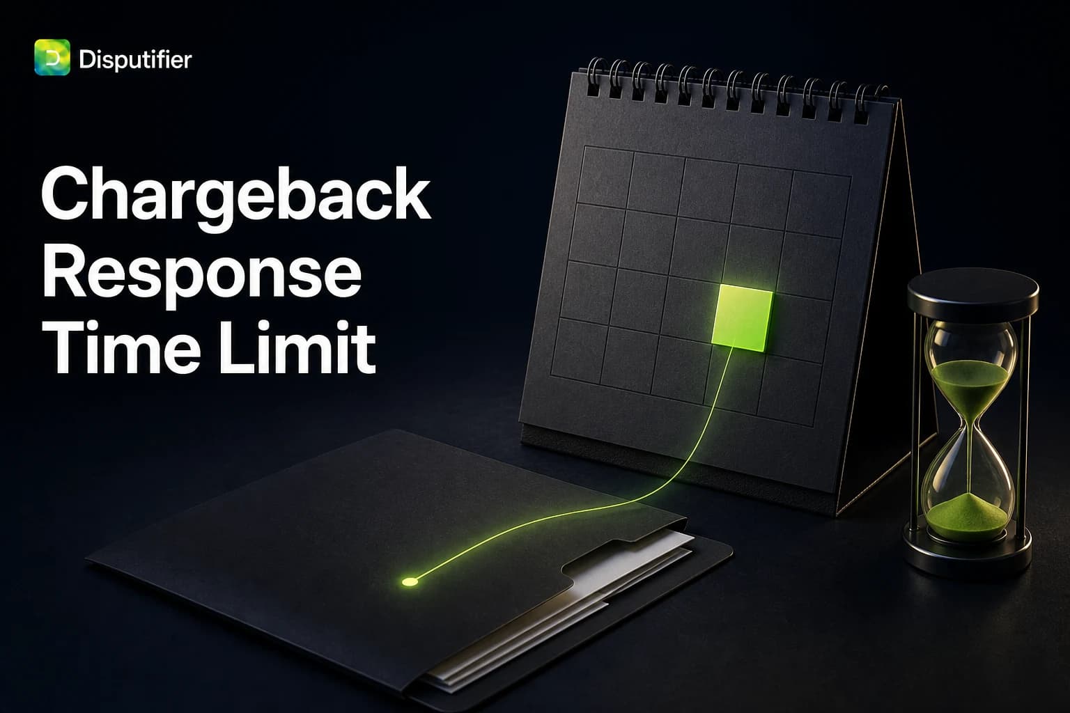 Disputifier illustration showing a chargeback response deadline with a highlighted calendar date, evidence folder, and hourglass for ecommerce merchants.