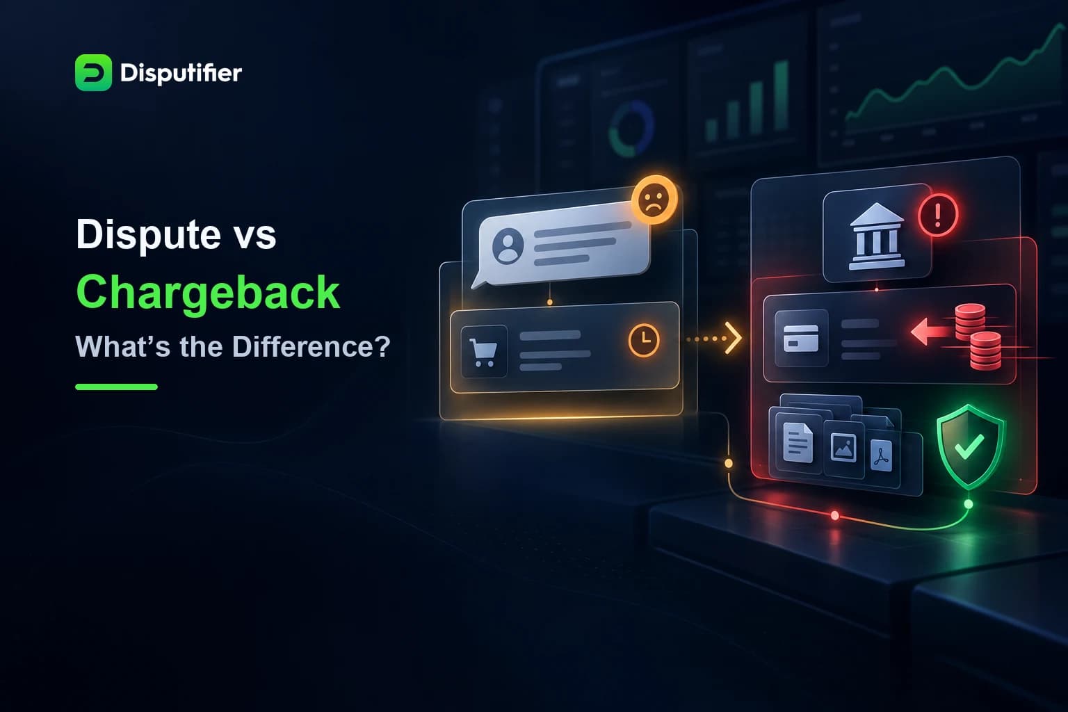 Disputifier comparison showing a customer payment dispute escalating into a formal chargeback with reversed funds and evidence management.