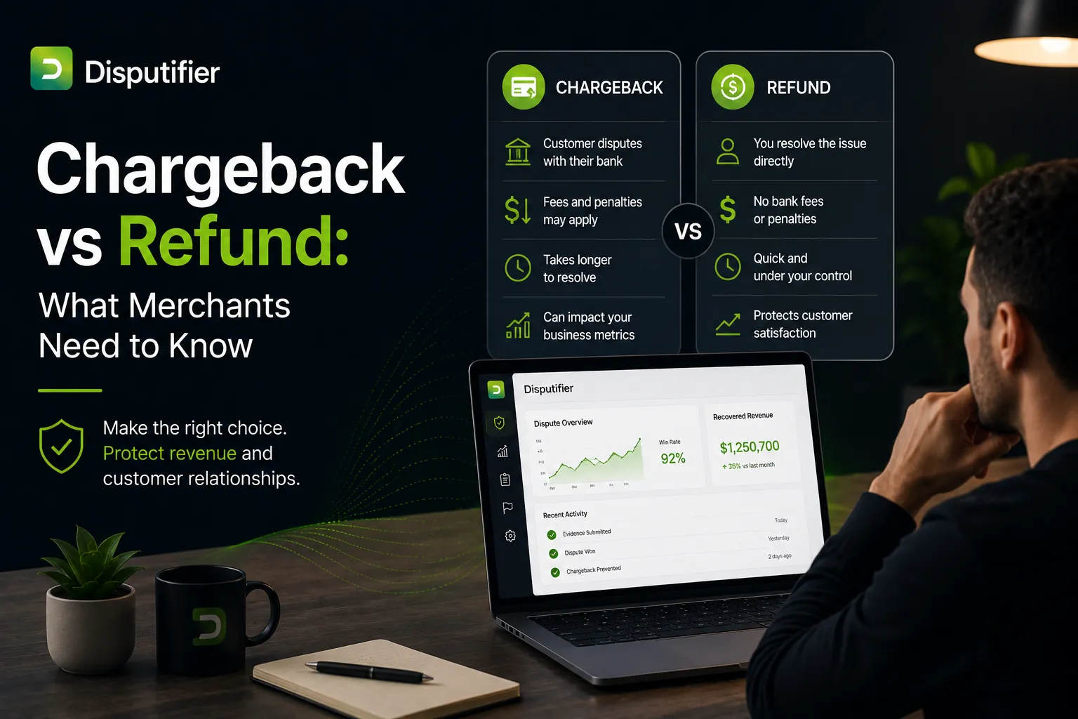 Ecommerce merchant comparing chargebacks and refunds using the Disputifier platform, illustrating the differences between dispute resolution, customer refunds, and revenue protection for online businesses.