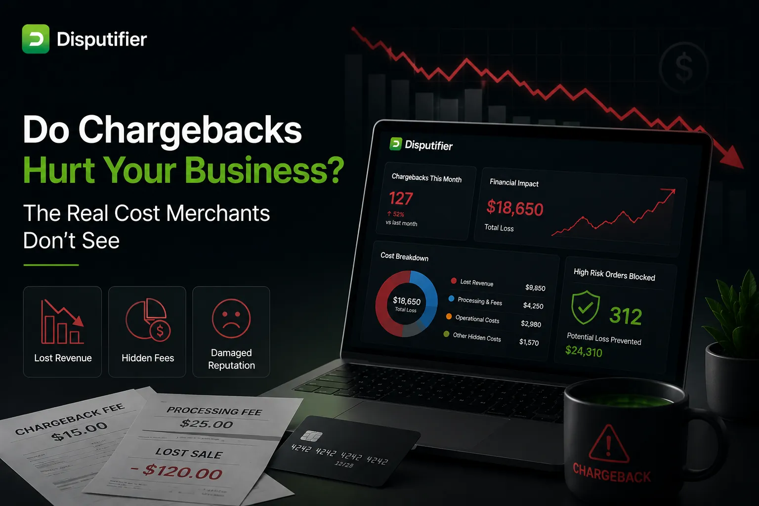 Disputifier illustration showing the hidden costs of chargebacks for ecommerce merchants, including lost revenue, processing fees, damaged reputation, and financial impact visualized through a SaaS analytics dashboard.