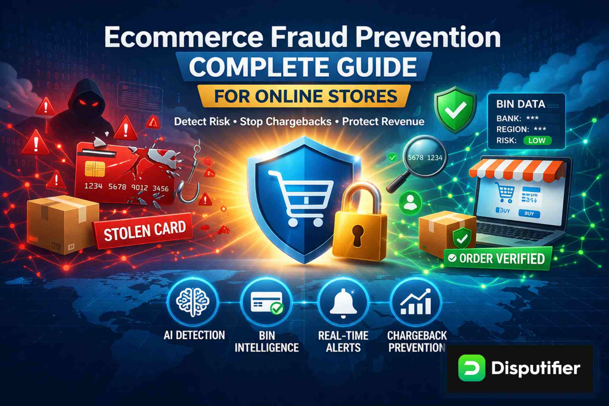 Learn how ecommerce fraud prevention works, why it matters for online stores, and how tools like BIN intelligence, alerts, and Disputifier help reduce fraud and chargebacks.