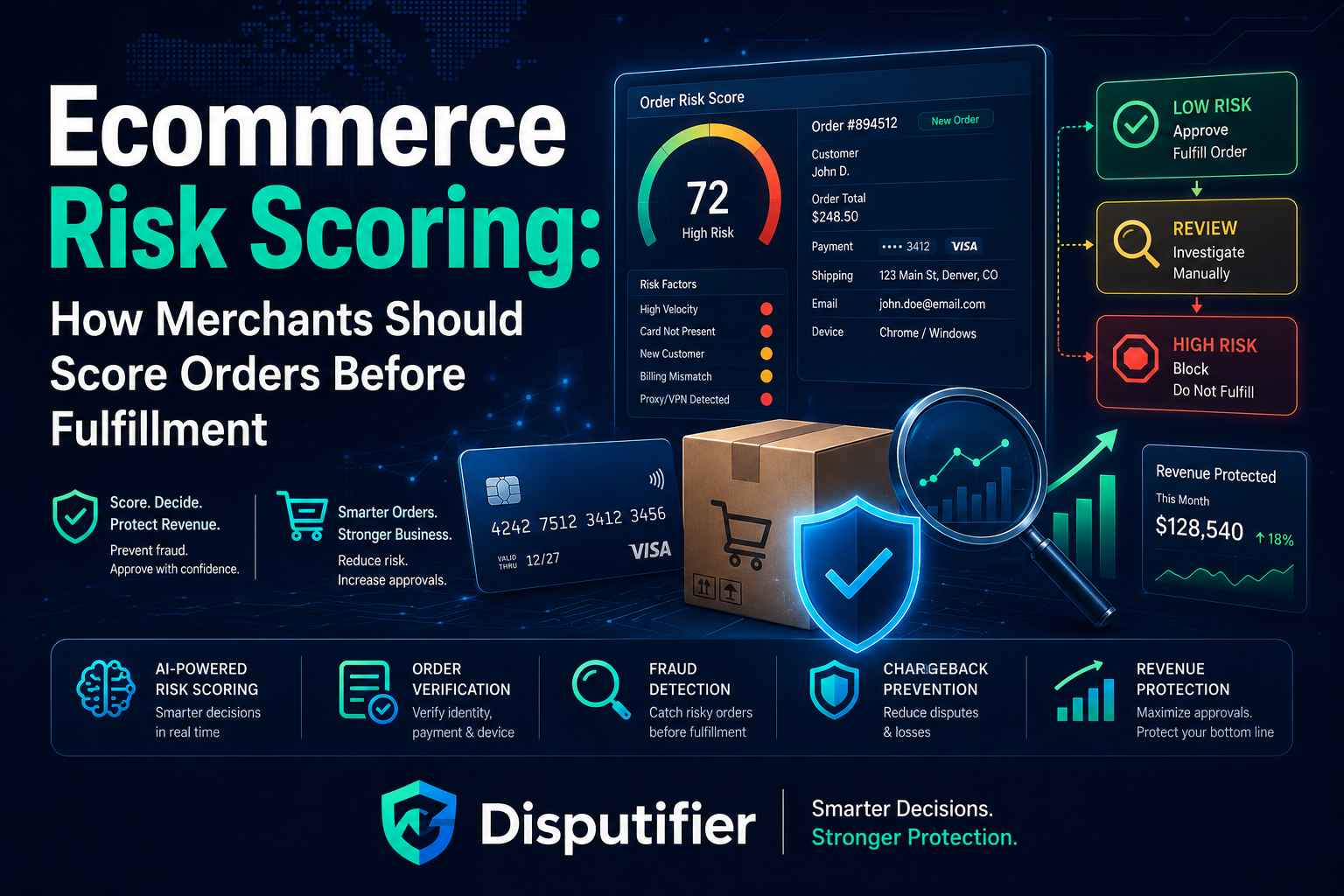 Learn how ecommerce risk scoring works, which signals matter most, and how merchants can score orders before fulfillment to reduce fraud and prevent chargebacks - with Disputifier's BIN intelligence and automated dispute tools.