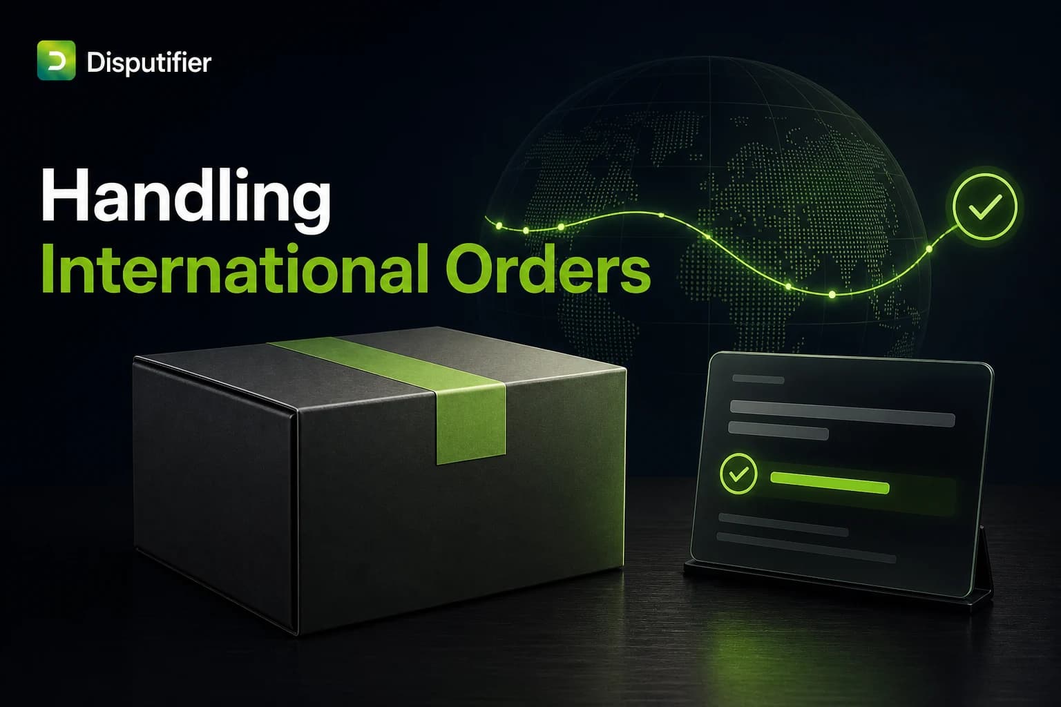 Disputifier illustration showing an international ecommerce order being reviewed through global routing and risk screening before fulfillment to help prevent chargebacks.