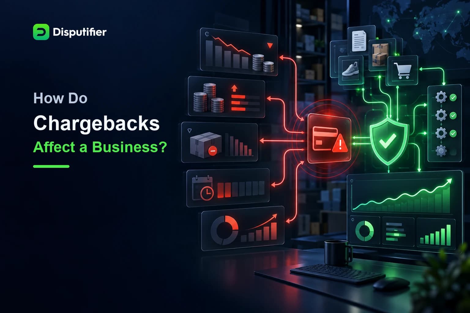 Disputifier dashboard showing how chargebacks affect business revenue, fees, inventory, payout timing, and dispute risk.