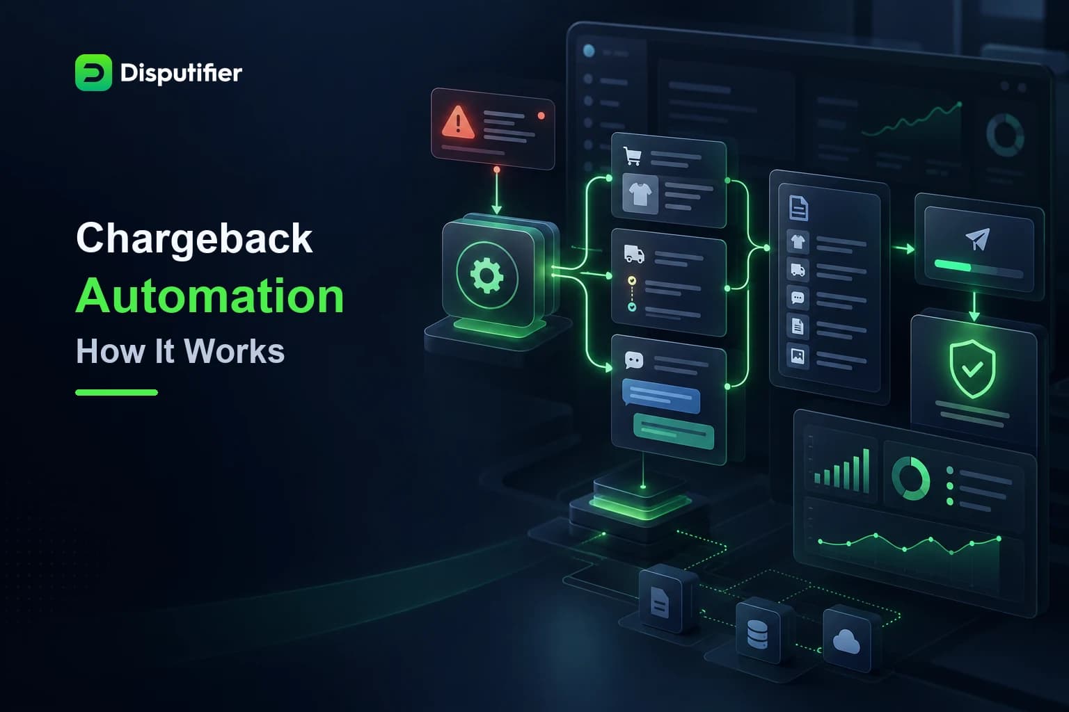 Disputifier chargeback automation dashboard showing disputes detected, evidence assembled, responses submitted, and outcomes tracked automatically.