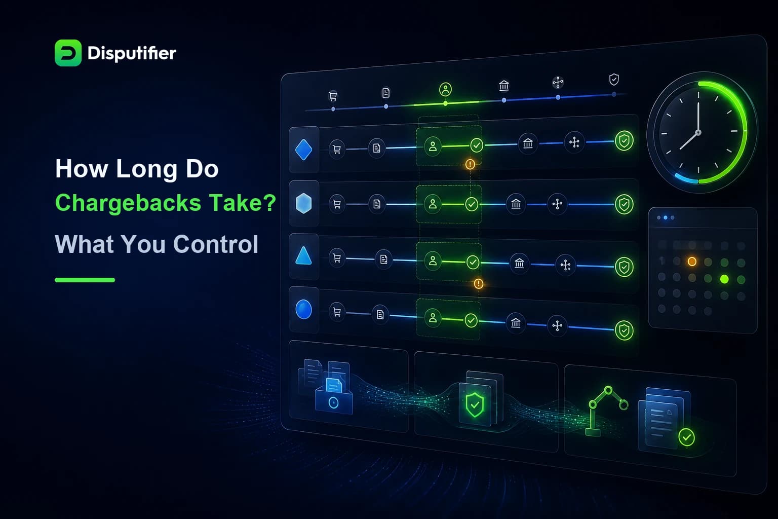 Disputifier dashboard comparing chargeback timelines across payment networks and highlighting the response stages merchants can control.