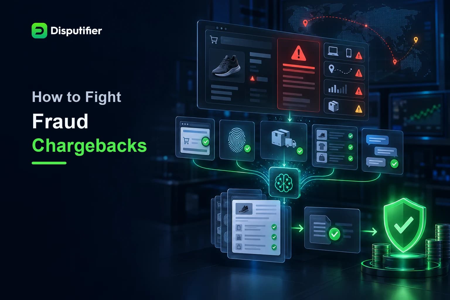 Disputifier fraud chargeback defense dashboard analyzing suspicious transaction signals and assembling evidence to protect merchant revenue.