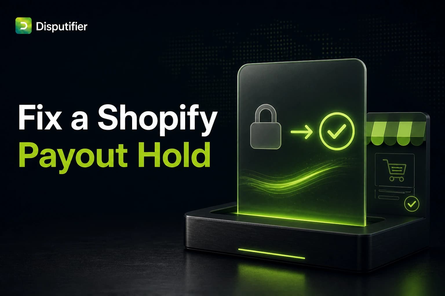 Disputifier illustration showing an ecommerce payout hold changing from locked to resolved, with a storefront order status panel for Shopify merchants.