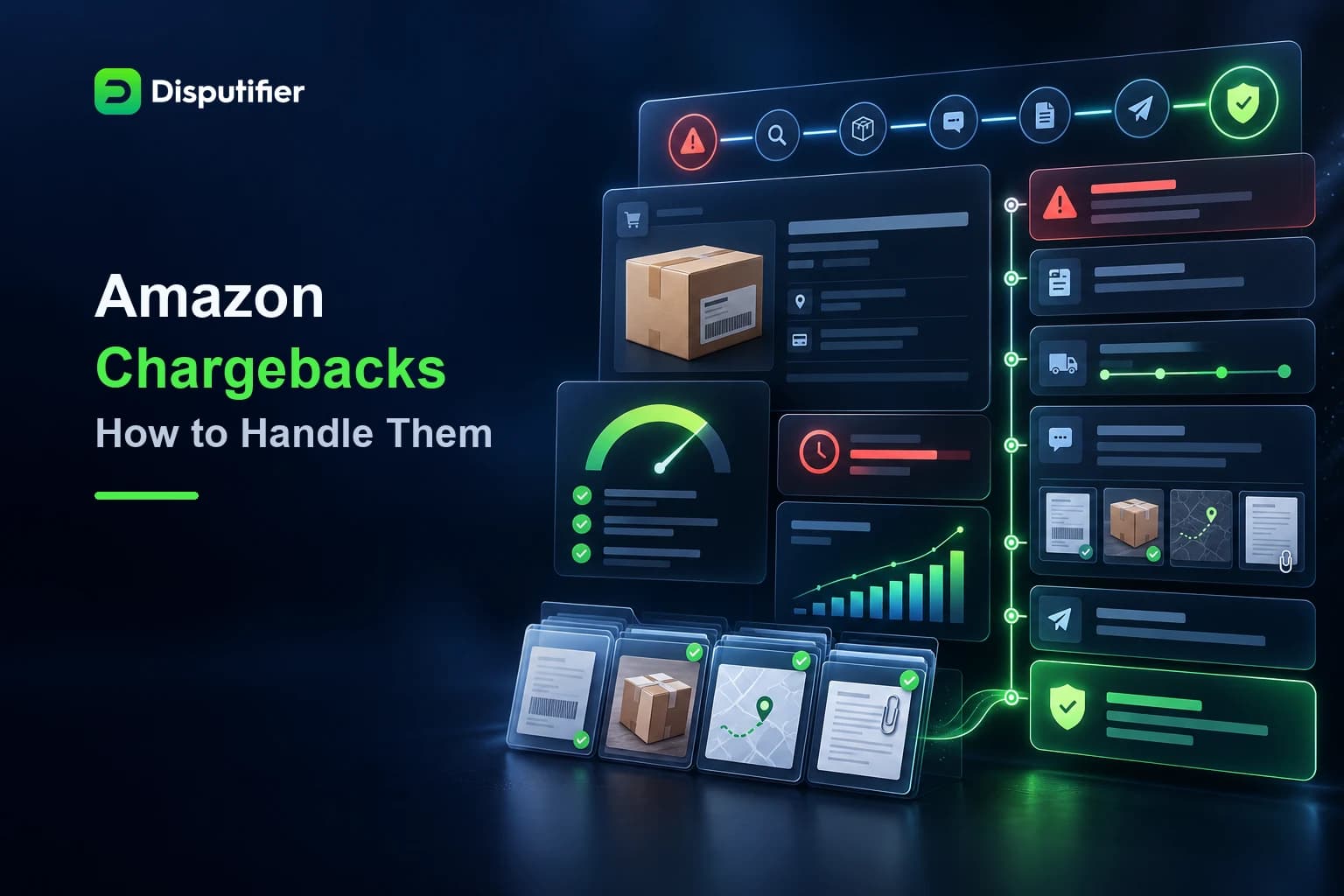 Disputifier dashboard showing how marketplace sellers handle an Amazon chargeback using order records, tracking proof, customer communications, and evidence submission.