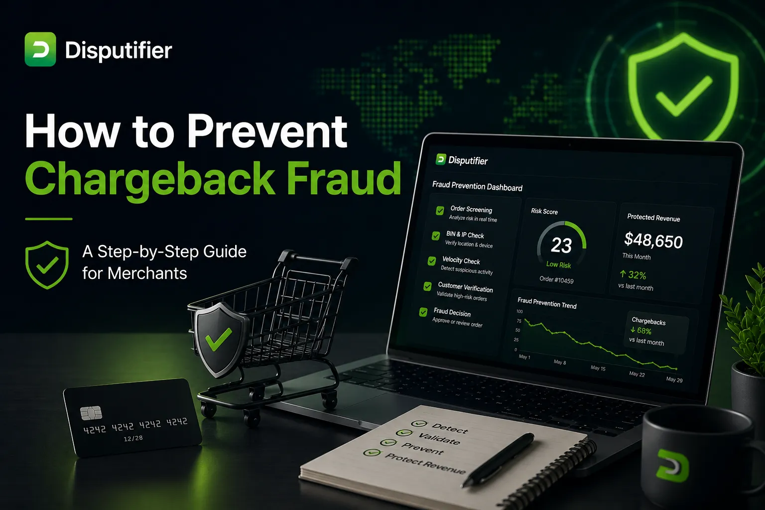 Disputifier fraud prevention dashboard illustrating a step-by-step process for preventing chargeback fraud, including order screening, BIN and IP validation, customer verification, risk scoring, and automated fraud protection for ecommerce merchants.