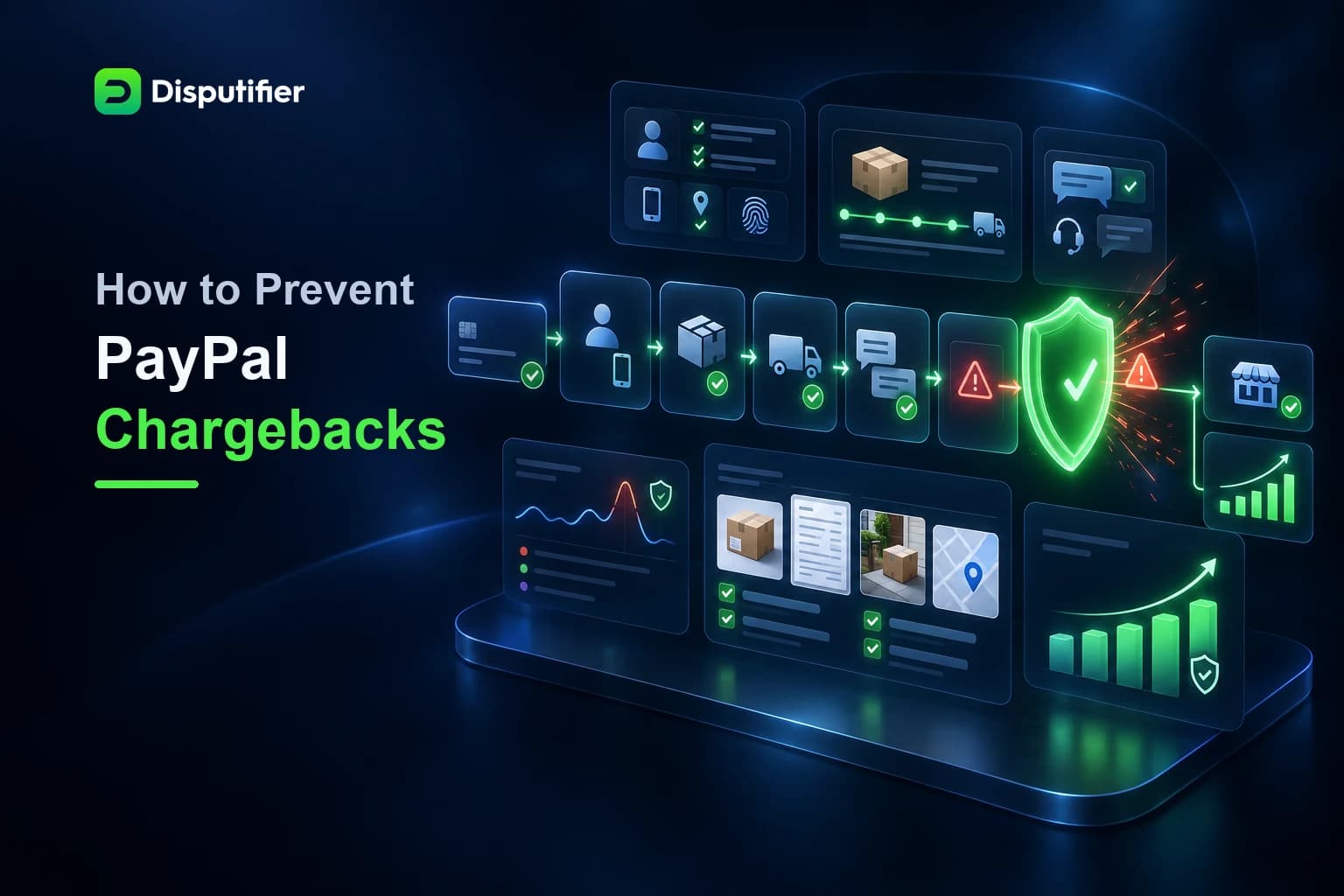 Disputifier dashboard showing how ecommerce merchants can prevent PayPal chargebacks using verification, delivery evidence, alerts, and risk monitoring.