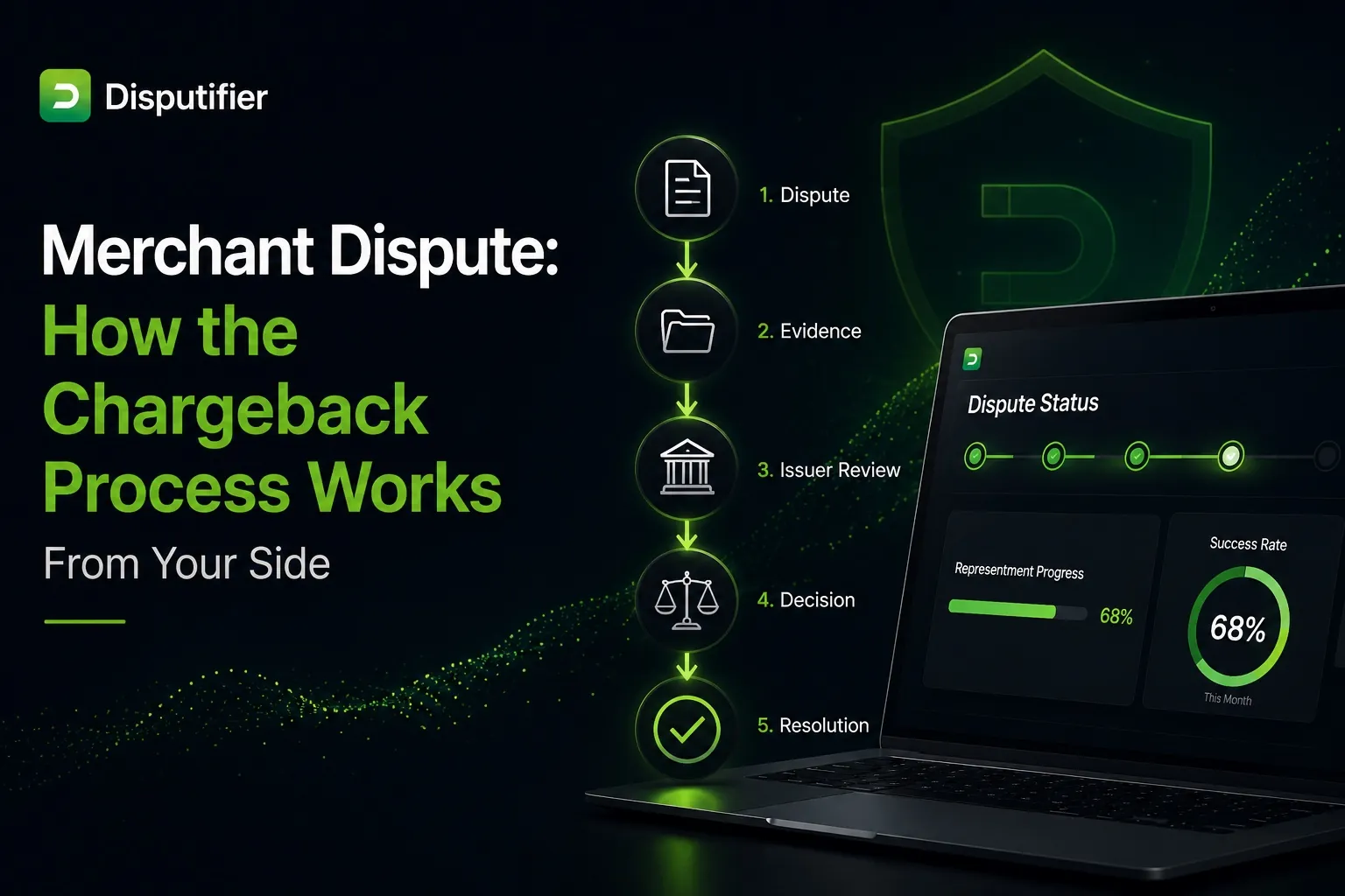 Disputifier illustration showing the merchant side of the chargeback process, including dispute filing, evidence submission, issuer review, decision, and resolution with an ecommerce dispute management dashboard.