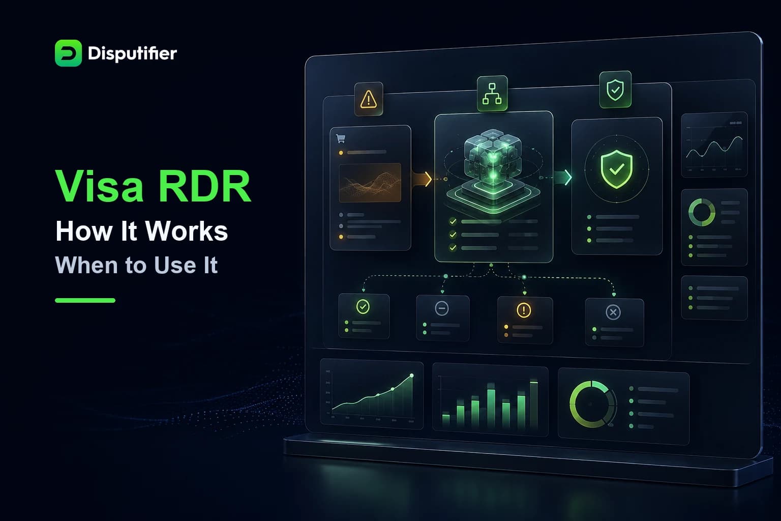 Disputifier Visa RDR header showing an automated rapid dispute-resolution workflow from incoming alert to resolved outcome.