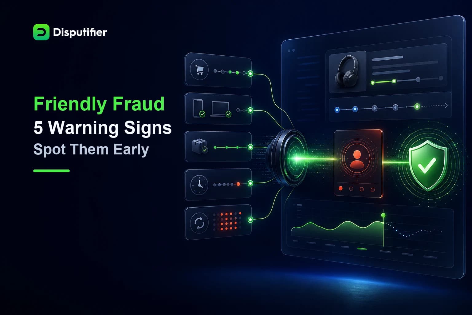 Disputifier friendly-fraud detection dashboard analyzing five warning signs before they become ecommerce chargebacks.