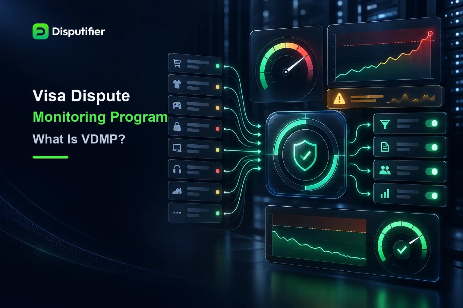 Disputifier dashboard monitoring merchant dispute ratios, program thresholds, early warnings, and corrective controls for VDMP risk.