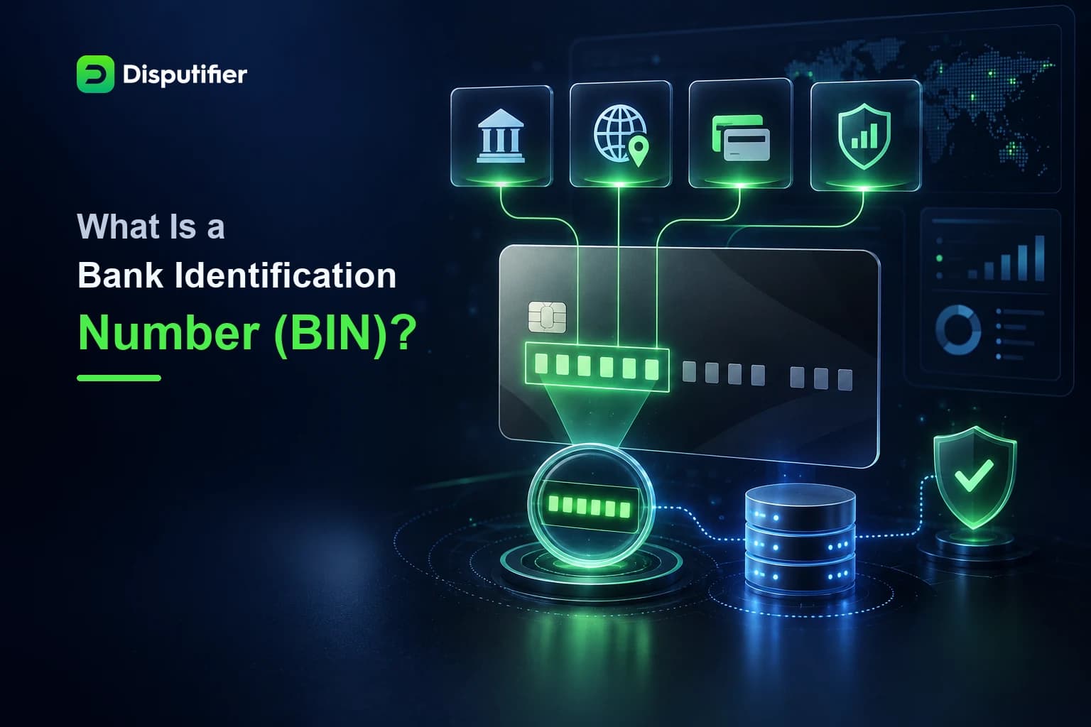 Disputifier graphic showing how a Bank Identification Number identifies the issuing bank, card region, card type, and payment risk.
