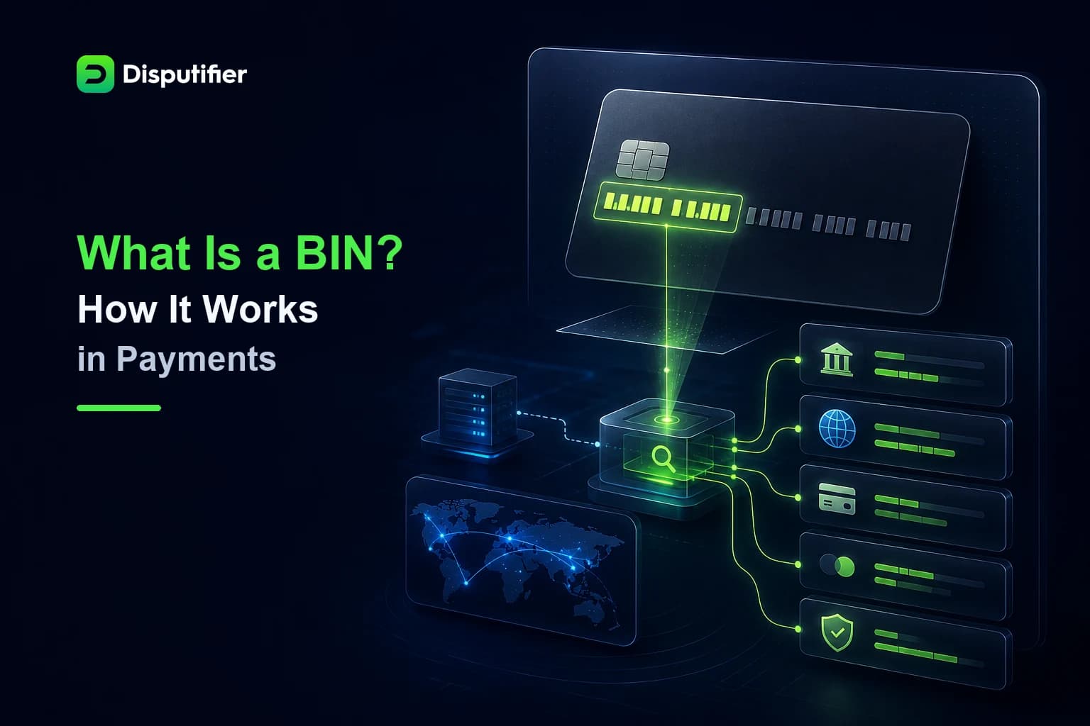 Disputifier payment dashboard showing how a card BIN number identifies the issuing bank, region, card type, and risk information.